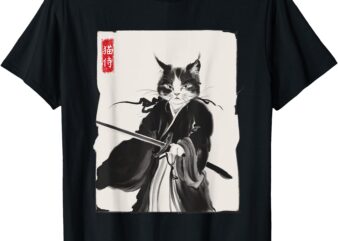 Samurai Cat Warrior Ink Art Funny Japanese Style T-Shirt