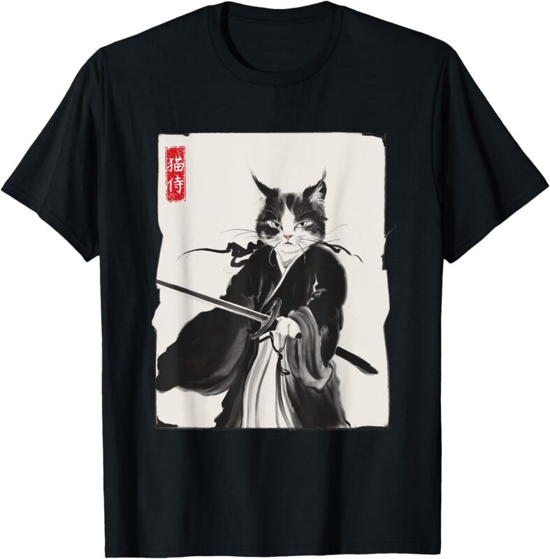 Samurai Cat Warrior Ink Art Funny Japanese Style T-Shirt