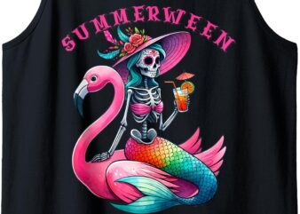 Summerween Mermaid Skeleton Flamingo Summer Halloween Women Tank Top