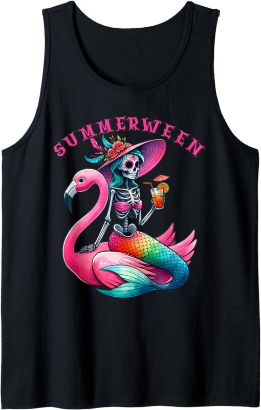 Summerween Mermaid Skeleton Flamingo Summer Halloween Women Tank Top