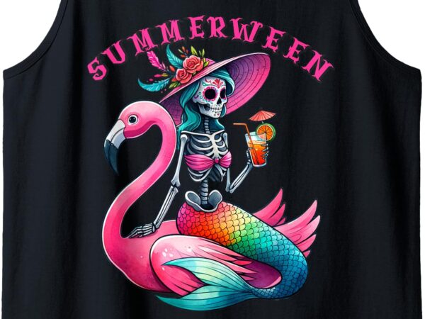 Summerween mermaid skeleton flamingo summer halloween women tank top t shirt template vector