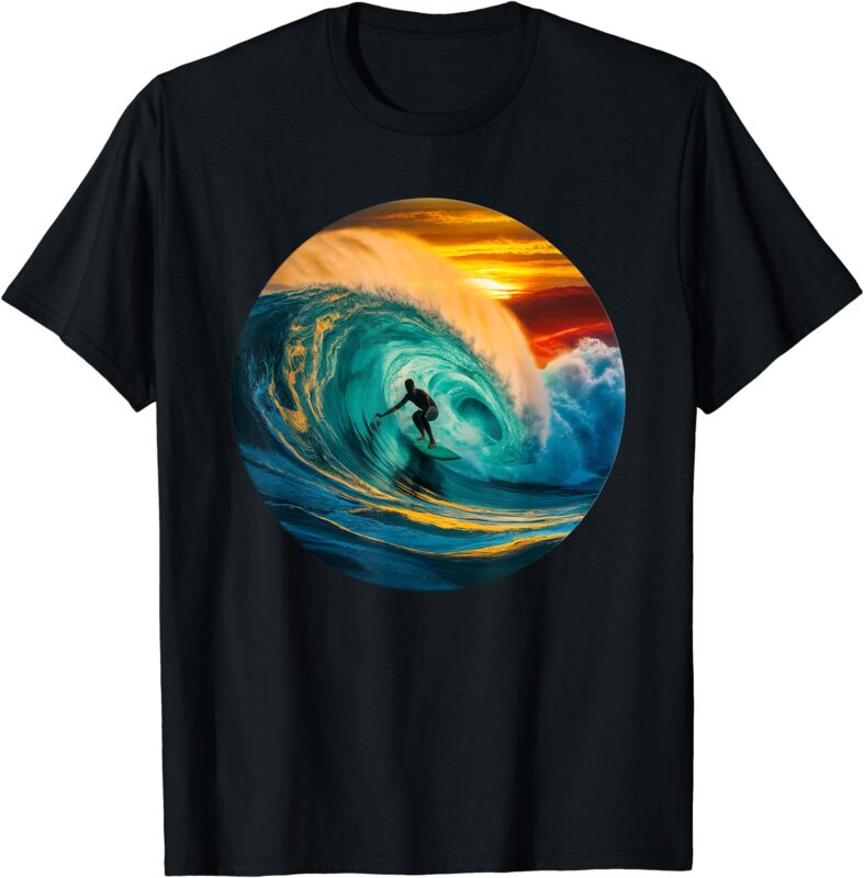 Surfer getting tubed and barreled at sunset. Art print. T-Shirt