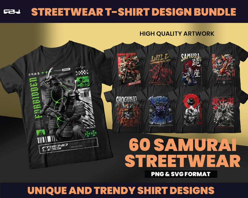 60 Japanese Designs bundles, T-shirt Design bundle, Samurai Designs, Samurai Geisha, ninja designs, Graphics tees design, Ronin, DTF, DTG