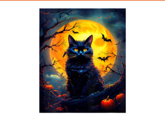 Womens Halloween Cat PNG, Orange Moon and Bats Scary Pumpkins PNG