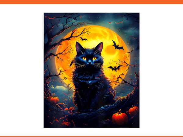 Womens halloween cat png, orange moon and bats scary pumpkins png t shirt design for sale