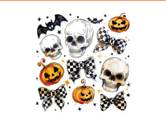 Retro Skull Checkered Coquette Bows Pumpkin Bat Halloween PNG