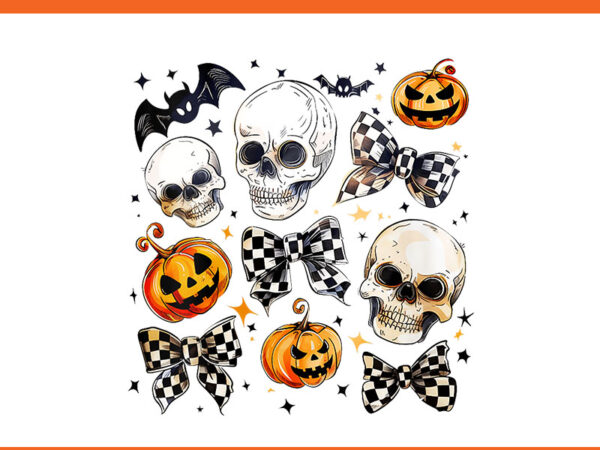 Retro skull checkered coquette bows pumpkin bat halloween png t shirt design online