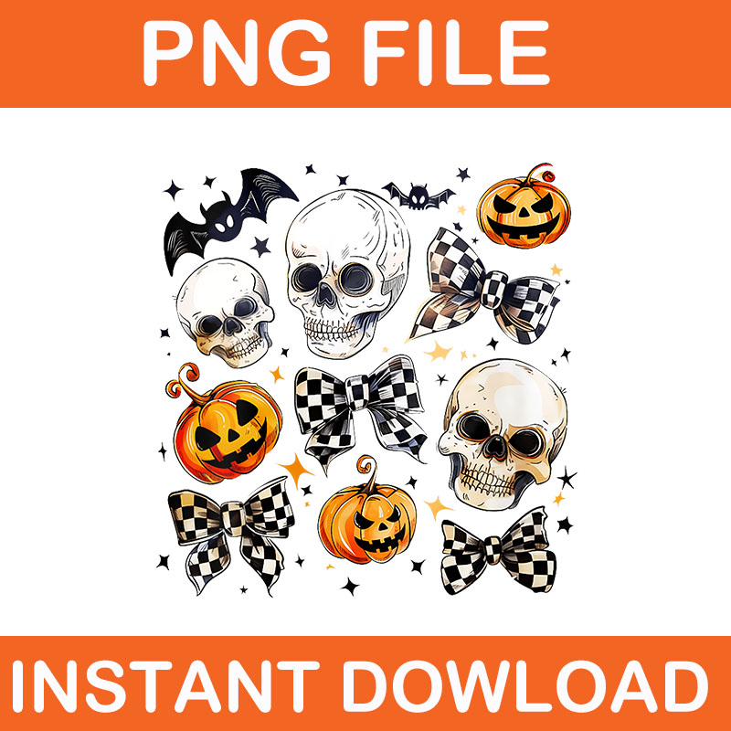 Retro Skull Checkered Coquette Bows Pumpkin Bat Halloween PNG