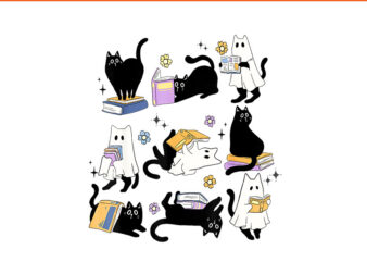 Cute Ghost Black Cat Reading Books Spooky Halloween Bookish PNG