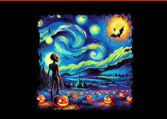 Van Gogh Starry Night Alien Man Halloween Fall Pumpkin Bats PNG t shirt vector art