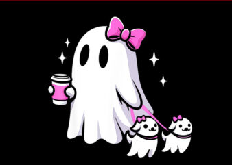 Cute Ghost Walking Dog Spooky Pink Coquette PNG, Ghost Halloween PNG