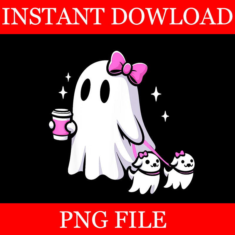 Cute Ghost Walking Dog Spooky Pink Coquette PNG, Ghost Halloween PNG