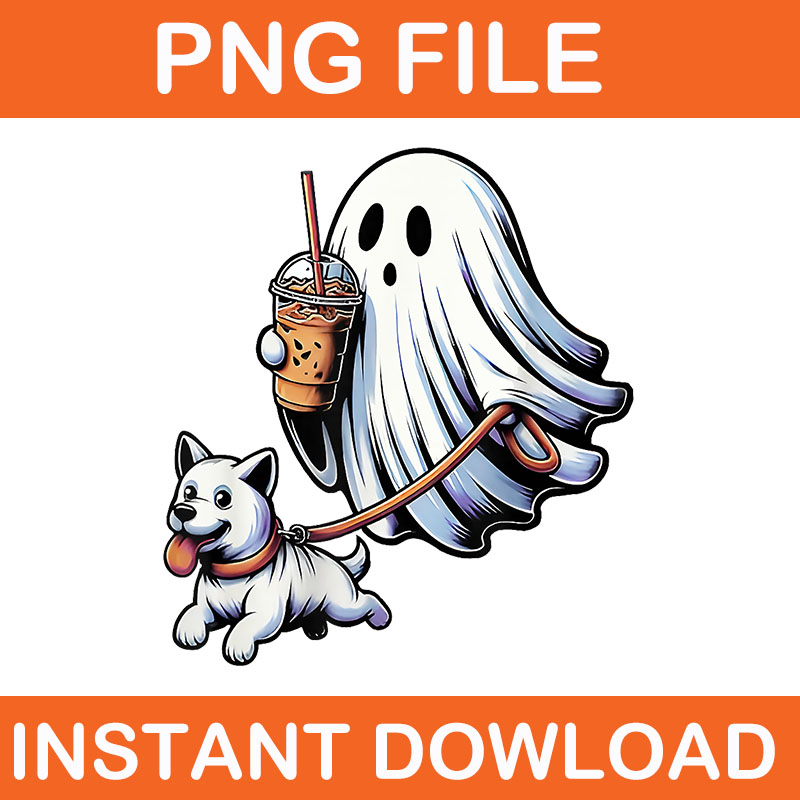 Bundle Halloween Spooky PNG, Ghost Spooky Coffee PNG, Ghost Walking Dog PNG