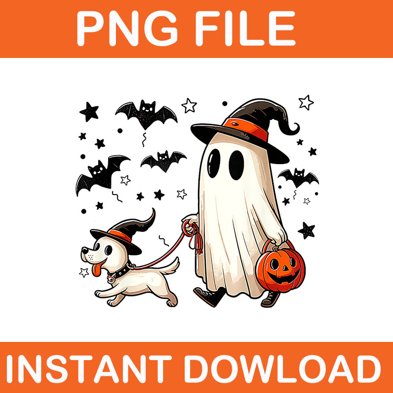 Bundle Halloween Spooky PNG, Ghost Spooky Coffee PNG, Ghost Walking Dog PNG