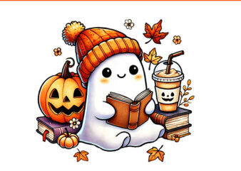 Ghost Reading Book Halloween PNG, Ghost Coffee Halloween PNG