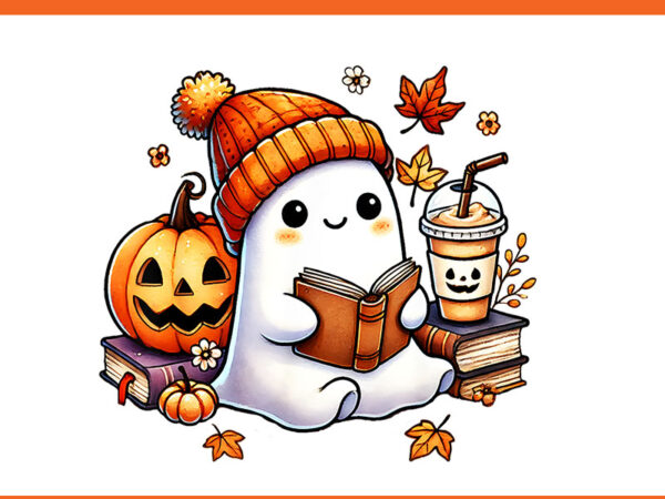 Ghost reading book halloween png, ghost coffee halloween png t shirt design template