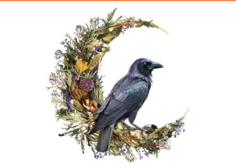 Cottage-Core Halloween Crow Design Witchy Floral Moon Raven PNG