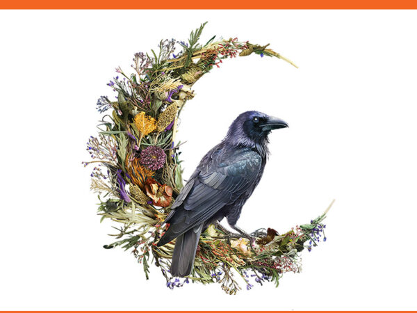 Cottage-core halloween crow design witchy floral moon raven png