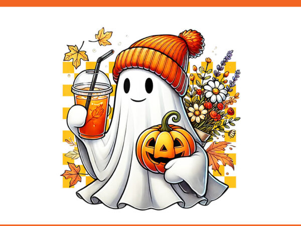 Ghost drinking coffee halloween png, ghost ice coffee halloween png t shirt design template