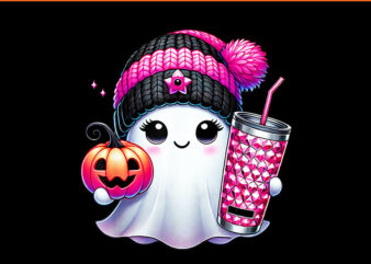 Pink Ghost Drinking Coffee Halloween PNG, Ghost Ice Coffee Halloween PNG t shirt illustration