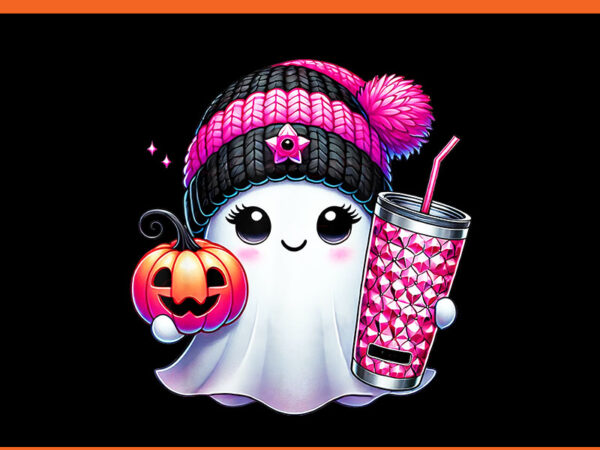 Pink ghost drinking coffee halloween png, ghost ice coffee halloween png t shirt illustration