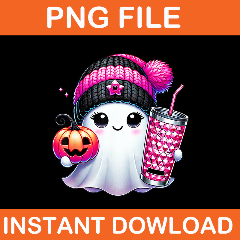 Pink Ghost Drinking Coffee Halloween PNG, Ghost Ice Coffee Halloween PNG