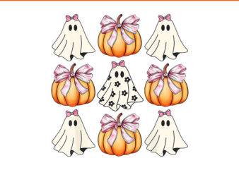 Ghost Florals Pink Coquette Bows Pumpkins Halloween PNG