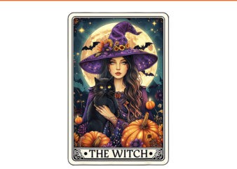 The Witch Halloween Tarot Card PNG, Witch Black Cat Halloween PNG t shirt designs for sale