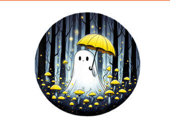 Vintage Mushroom Spooky Ghost Halloween Yellow Umbrella PNG