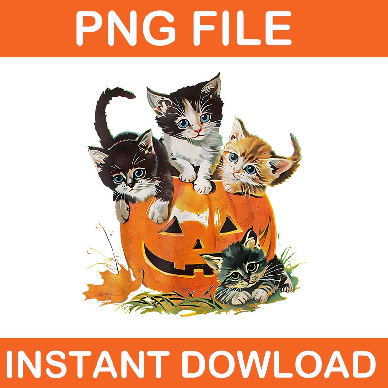 Vintage 90s Cat Pumpkin Halloween PNG, Floral Spooky Season PNG