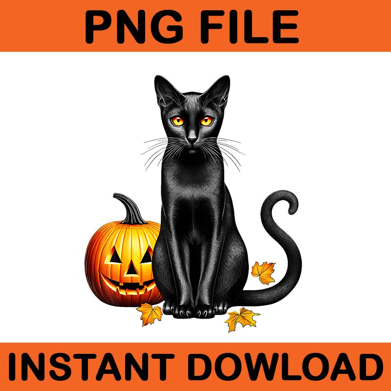 Vintage Creepy Spooky Black Cat Pumpkin Halloween PNG