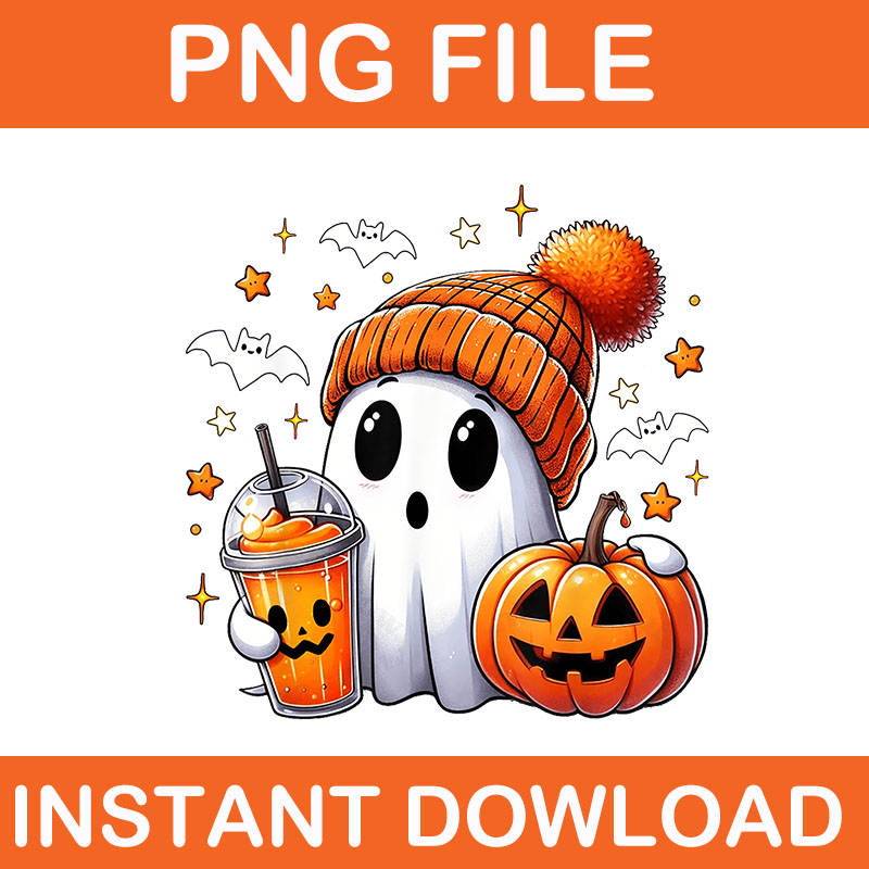 Cute Ghost Drinking Coffee Halloween PNG, Ghost Ice Coffee Halloween PNG