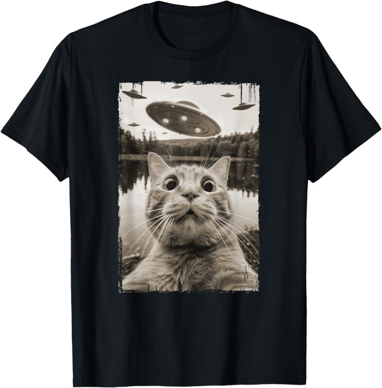 Vintage Cat UFO Encounters – Funny UFO and Cat Selfie T-Shirt