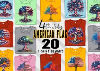 Retro American Flag Printed Tree t-shirt design bundle with 20 png & jpeg designs