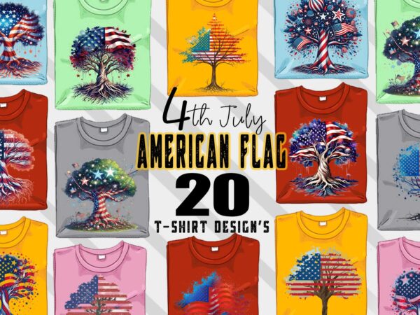 Retro american flag printed tree t-shirt design bundle with 20 png & jpeg designs