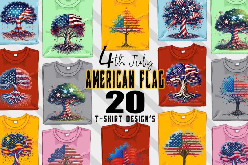 Retro American Flag Printed Tree t-shirt design bundle with 20 png & jpeg designs