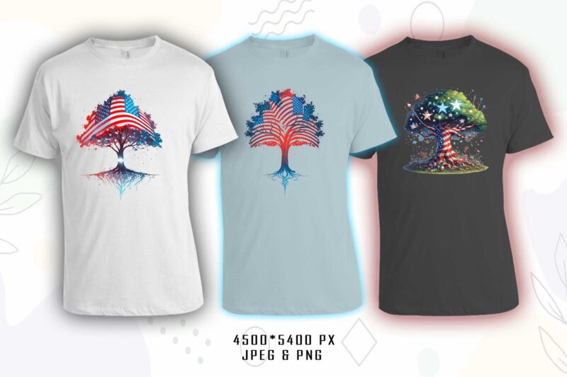 Retro American Flag Printed Tree t-shirt design bundle with 20 png & jpeg designs