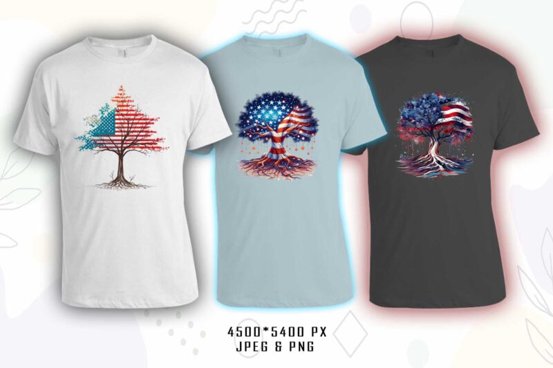 Retro American Flag Printed Tree t-shirt design bundle with 20 png & jpeg designs