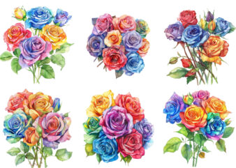 Watercolor Bunch of Rainbow Roses Clipart