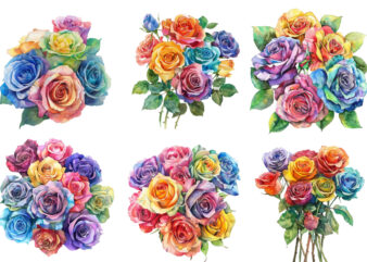 Watercolor Bunch of Rainbow Roses Clipart