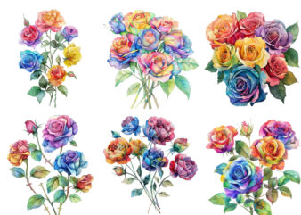 Watercolor Bunch of Rainbow Roses Clipart