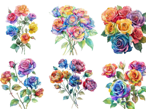 Watercolor bunch of rainbow roses clipart t shirt design for sale