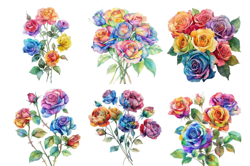 Watercolor Bunch of Rainbow Roses Clipart