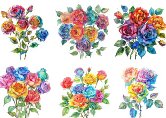 Watercolor Bunch of Rainbow Roses Clipart t shirt design for sale