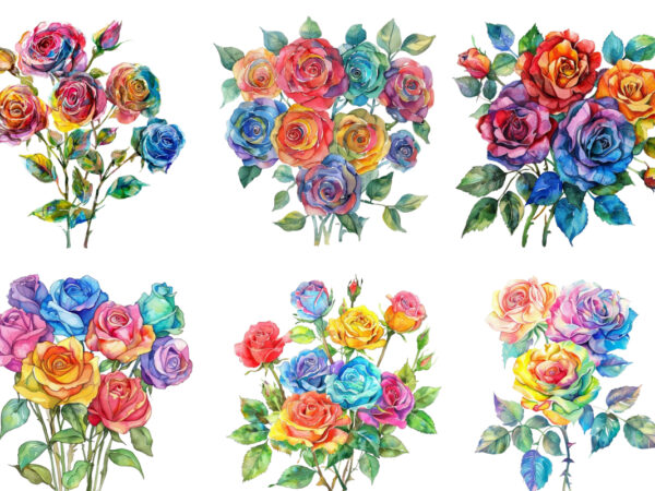 Watercolor bunch of rainbow roses clipart t shirt design for sale