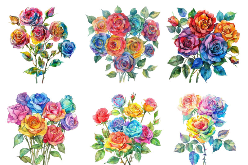 Watercolor Bunch of Rainbow Roses Clipart