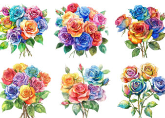 Watercolor Bunch of Rainbow Roses Clipart