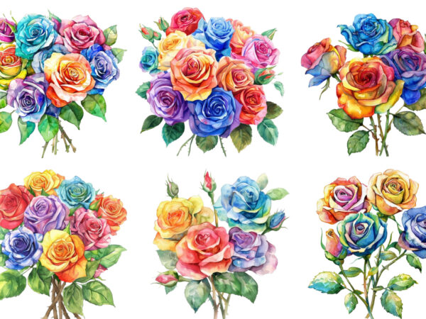 Watercolor bunch of rainbow roses clipart t shirt design for sale