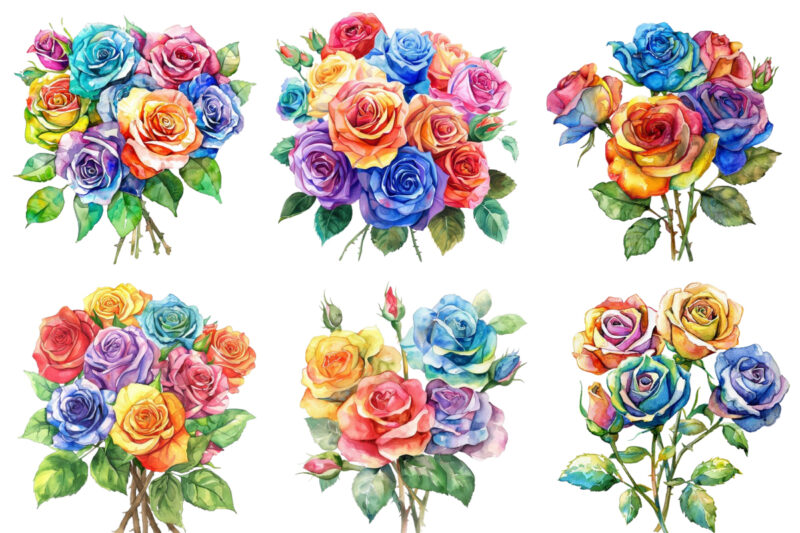 Watercolor Bunch of Rainbow Roses Clipart