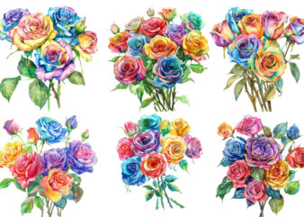 Watercolor Bunch of Rainbow Roses Clipart